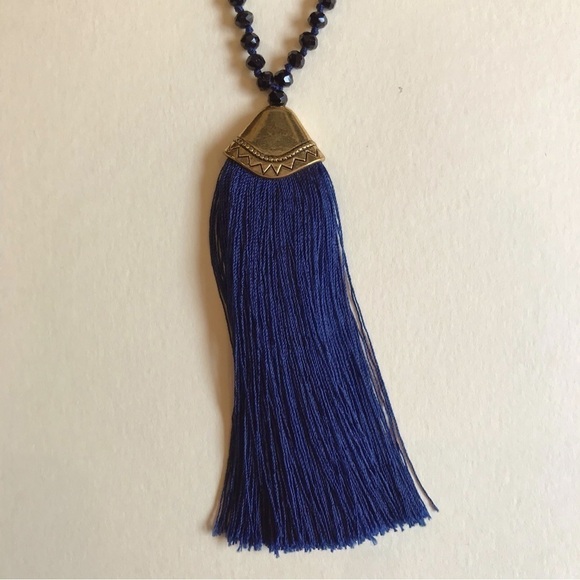 Hand Knotted Tassel Necklace in Black, Blue & Brass, 34”, Great Condition - Picture 4 of 10